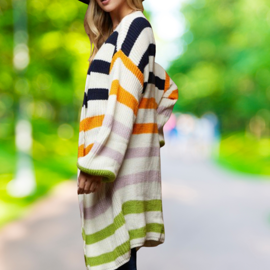 Multi Color Stripe Open Front Sweater Cardigan