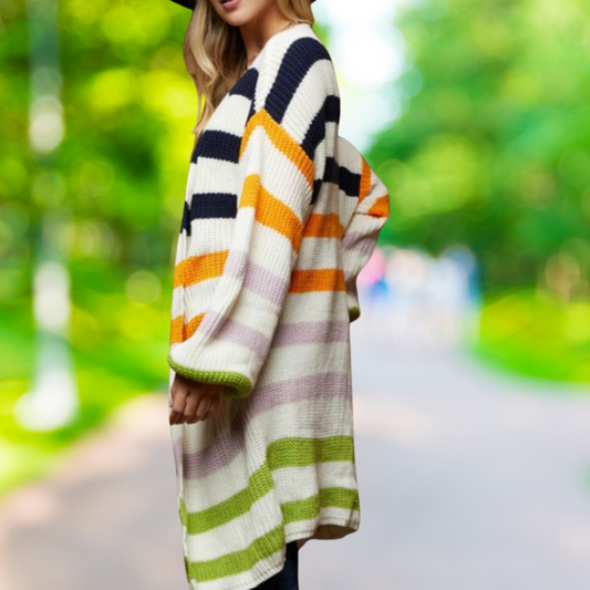 Multi Color Stripe Open Front Sweater Cardigan