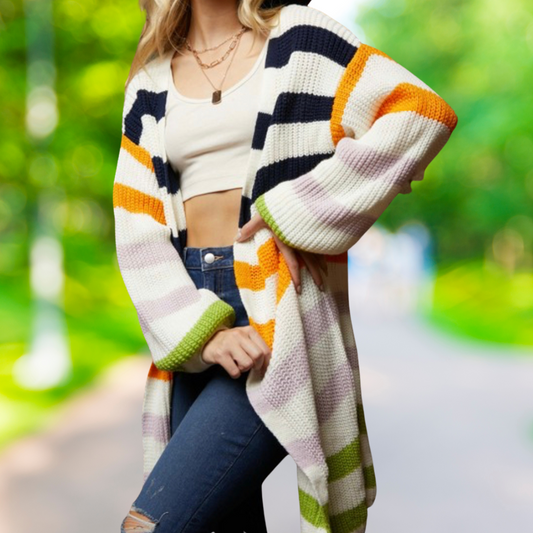 Multi Color Stripe Open Front Sweater Cardigan